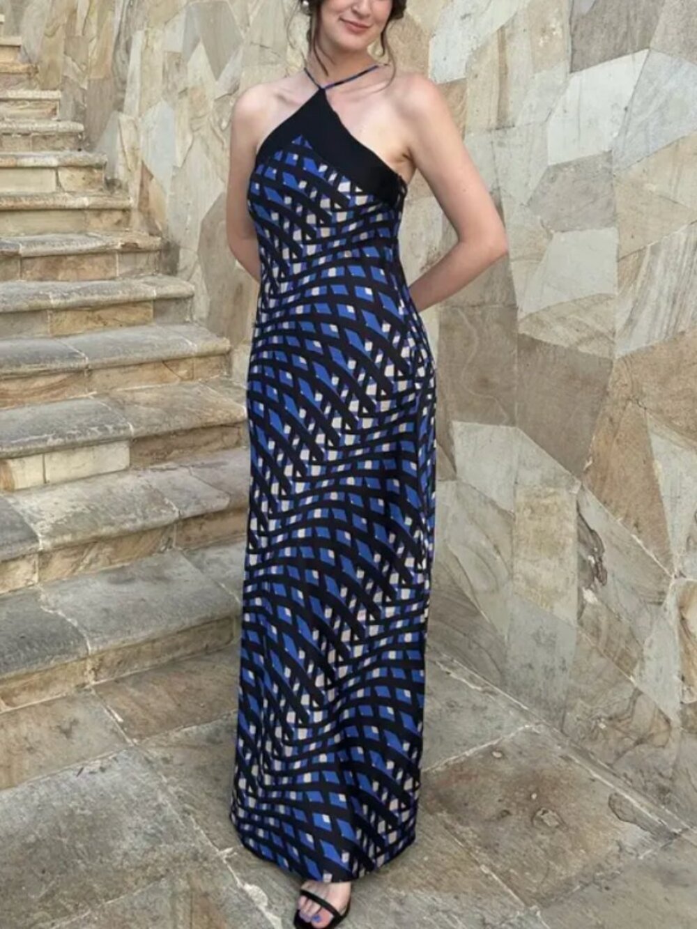 BEST STAUD Cubism Maxi Dress S/M Argyle Black Blue Vacation Party Event Wedding